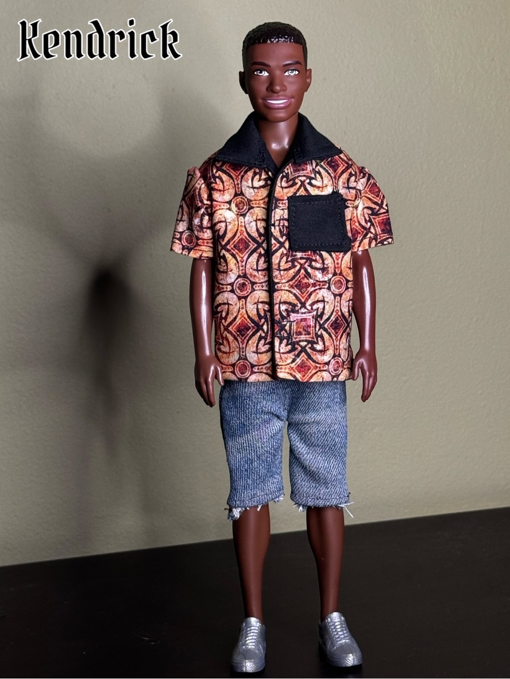 Handcrafted geometric fireweave print shirt for 12 inch doll - OOAK